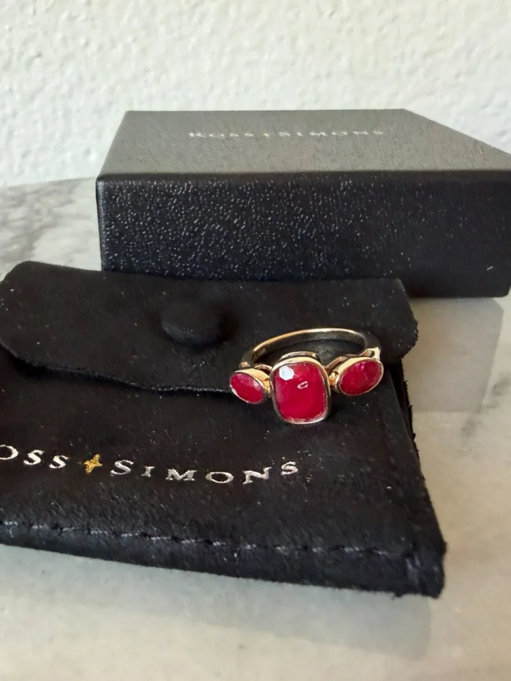 NIB 3.30 ct. Ruby Three-Stone Ring in 18kt Gold Over Sterling - 5 - 5.25